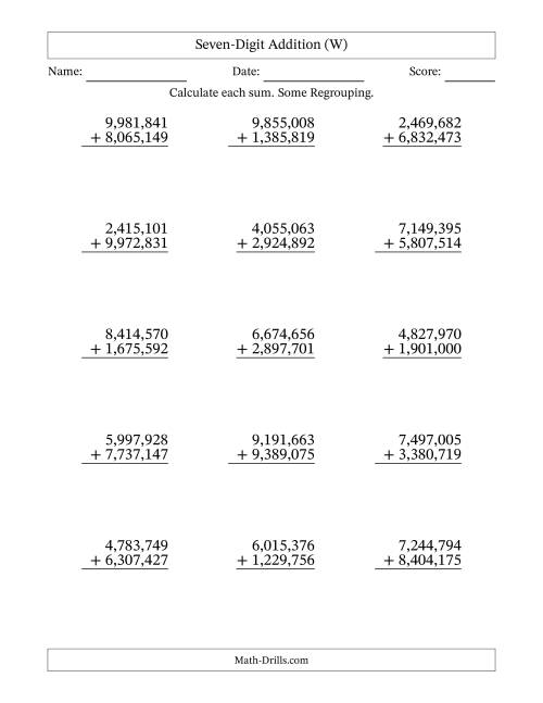 The Seven-Digit Addition With Some Regrouping – 15 Questions – Comma Separated Thousands (W) Math Worksheet