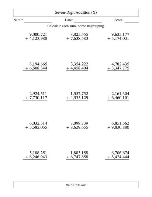 The Seven-Digit Addition With Some Regrouping – 15 Questions – Comma Separated Thousands (X) Math Worksheet