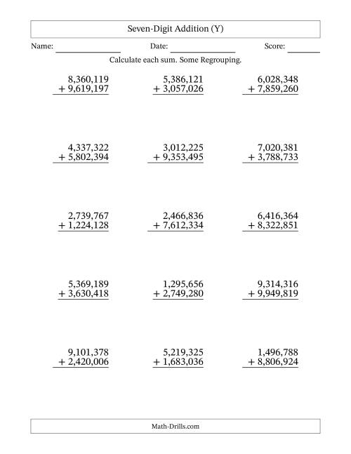 The Seven-Digit Addition With Some Regrouping – 15 Questions – Comma Separated Thousands (Y) Math Worksheet