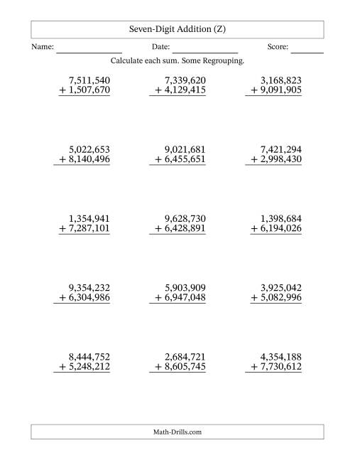 The Seven-Digit Addition With Some Regrouping – 15 Questions – Comma Separated Thousands (Z) Math Worksheet