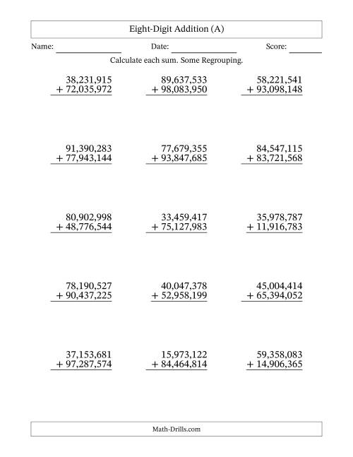 The Eight-Digit Addition With Some Regrouping – 15 Questions – Comma Separated Thousands (A) Math Worksheet
