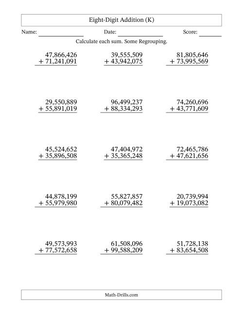 The Eight-Digit Addition With Some Regrouping – 15 Questions – Comma Separated Thousands (K) Math Worksheet