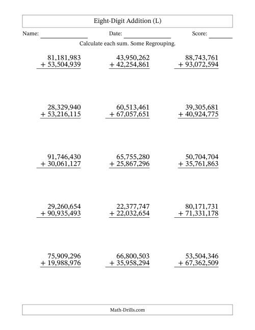 The Eight-Digit Addition With Some Regrouping – 15 Questions – Comma Separated Thousands (L) Math Worksheet