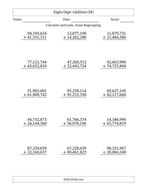 The Eight-Digit Addition With Some Regrouping – 15 Questions – Comma Separated Thousands (M) Math Worksheet