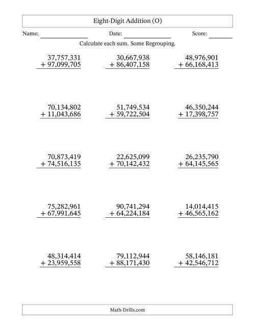 The Eight-Digit Addition With Some Regrouping – 15 Questions – Comma Separated Thousands (O) Math Worksheet