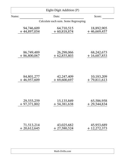 The Eight-Digit Addition With Some Regrouping – 15 Questions – Comma Separated Thousands (P) Math Worksheet
