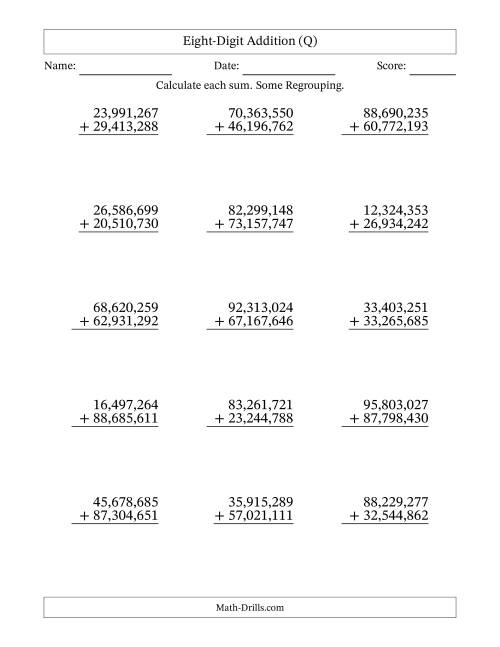 The Eight-Digit Addition With Some Regrouping – 15 Questions – Comma Separated Thousands (Q) Math Worksheet