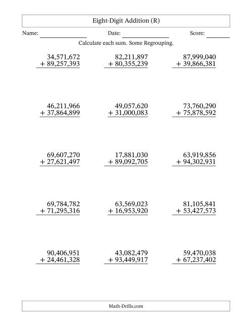 The Eight-Digit Addition With Some Regrouping – 15 Questions – Comma Separated Thousands (R) Math Worksheet