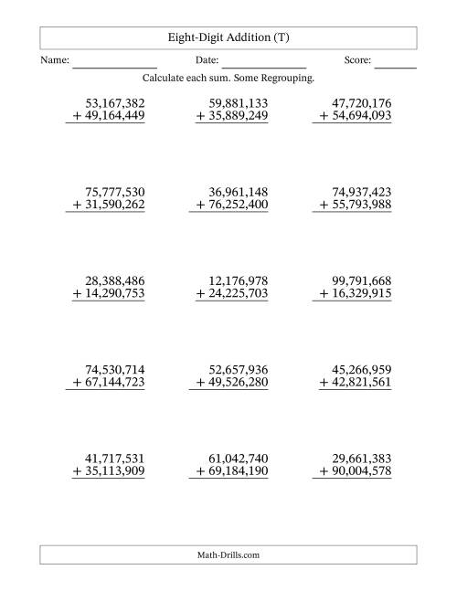 The Eight-Digit Addition With Some Regrouping – 15 Questions – Comma Separated Thousands (T) Math Worksheet