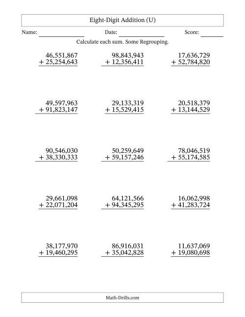 The Eight-Digit Addition With Some Regrouping – 15 Questions – Comma Separated Thousands (U) Math Worksheet