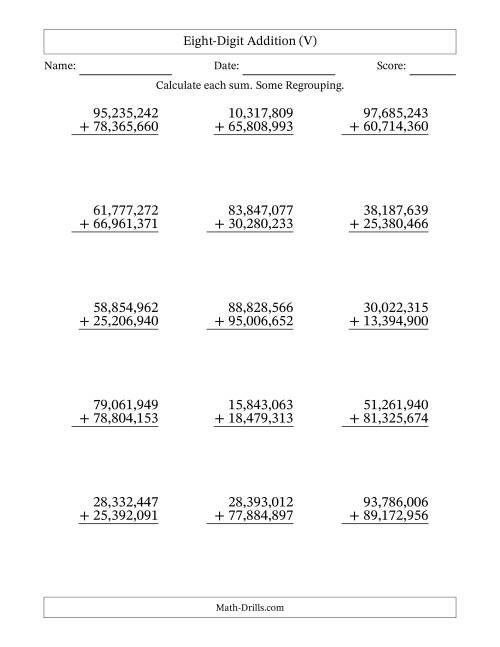 The Eight-Digit Addition With Some Regrouping – 15 Questions – Comma Separated Thousands (V) Math Worksheet