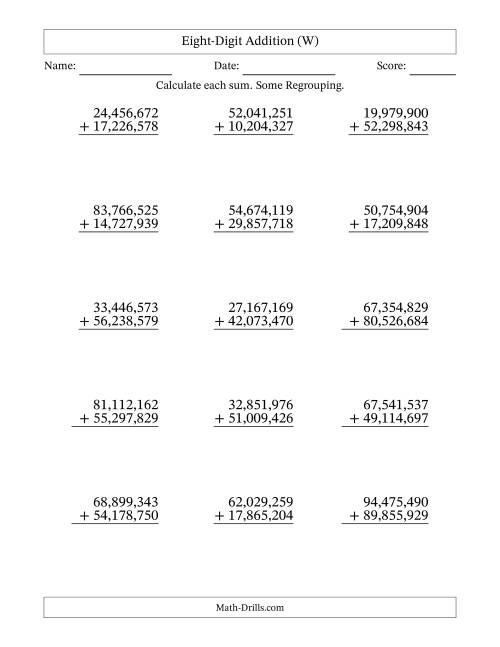The Eight-Digit Addition With Some Regrouping – 15 Questions – Comma Separated Thousands (W) Math Worksheet