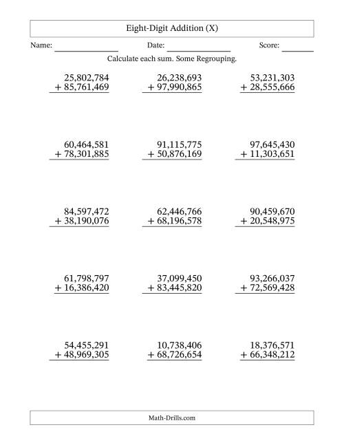 The Eight-Digit Addition With Some Regrouping – 15 Questions – Comma Separated Thousands (X) Math Worksheet