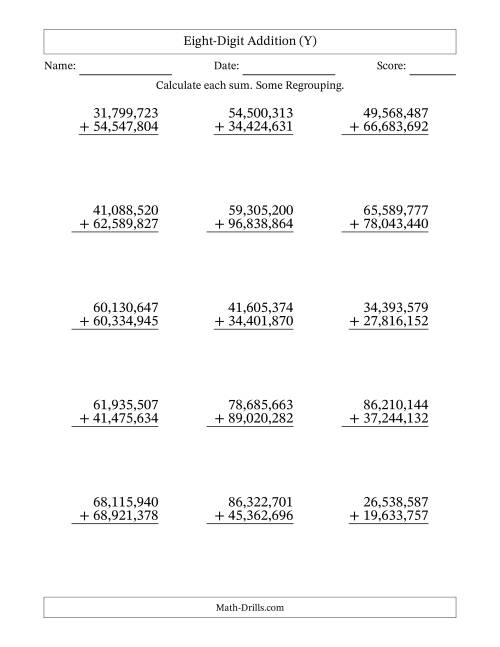 The Eight-Digit Addition With Some Regrouping – 15 Questions – Comma Separated Thousands (Y) Math Worksheet