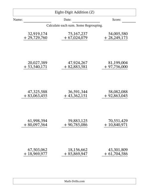 The Eight-Digit Addition With Some Regrouping – 15 Questions – Comma Separated Thousands (Z) Math Worksheet