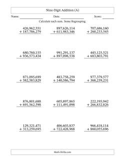 Nine-Digit Addition With Some Regrouping – 15 Questions – Comma Separated Thousands