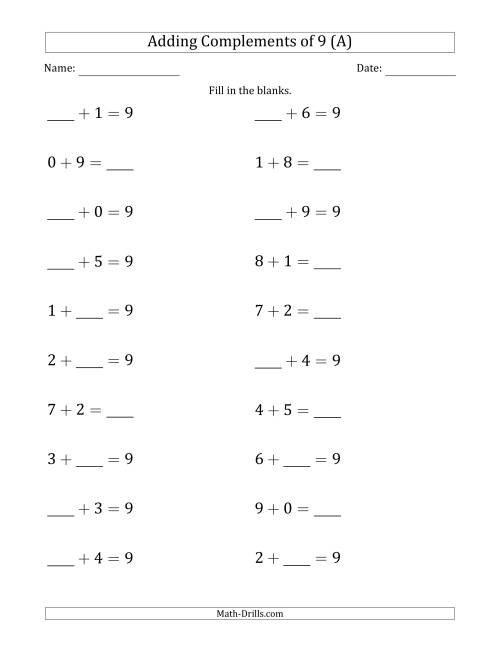 The Adding Complements of 9 (Blanks in Any Position, Including Sums) (A) Math Worksheet