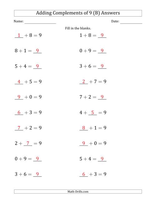 The Adding Complements of 9 (Blanks in Any Position, Including Sums) (B) Math Worksheet Page 2