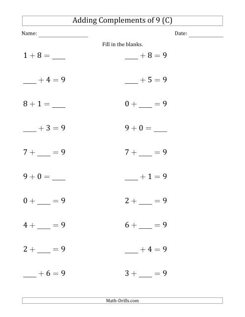 The Adding Complements of 9 (Blanks in Any Position, Including Sums) (C) Math Worksheet