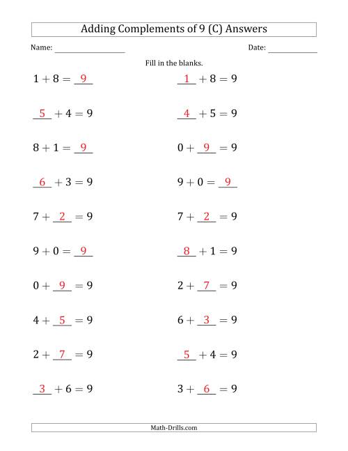 The Adding Complements of 9 (Blanks in Any Position, Including Sums) (C) Math Worksheet Page 2