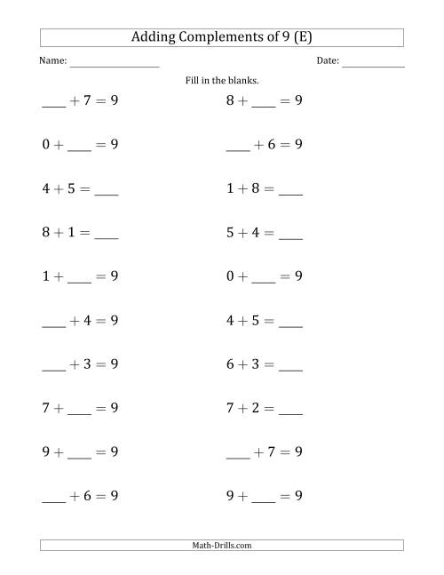 The Adding Complements of 9 (Blanks in Any Position, Including Sums) (E) Math Worksheet