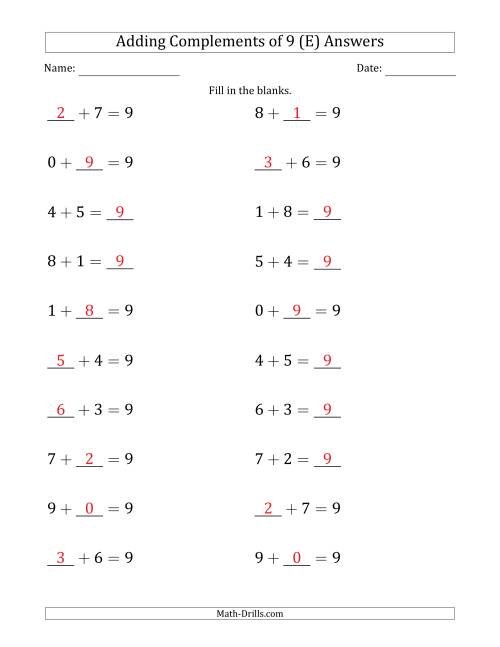 The Adding Complements of 9 (Blanks in Any Position, Including Sums) (E) Math Worksheet Page 2