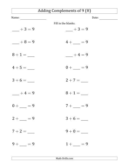 The Adding Complements of 9 (Blanks in Any Position, Including Sums) (H) Math Worksheet