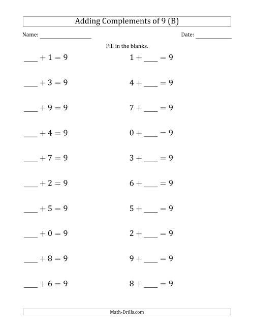 The Adding Complements of 9 (Blanks in First then Second Position) (B) Math Worksheet
