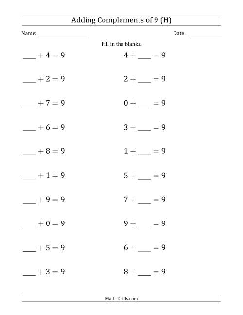 The Adding Complements of 9 (Blanks in First then Second Position) (H) Math Worksheet