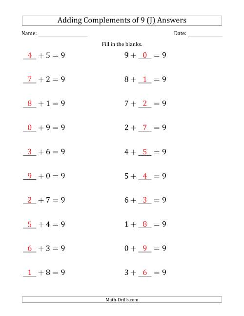 The Adding Complements of 9 (Blanks in First then Second Position) (J) Math Worksheet Page 2