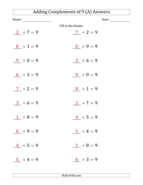 The Adding Complements of 9 (Blanks in First Position Only) (A) Math Worksheet Page 2