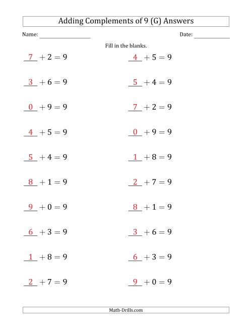 The Adding Complements of 9 (Blanks in First Position Only) (G) Math Worksheet Page 2