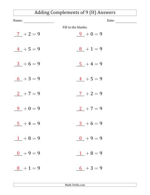 The Adding Complements of 9 (Blanks in First Position Only) (H) Math Worksheet Page 2