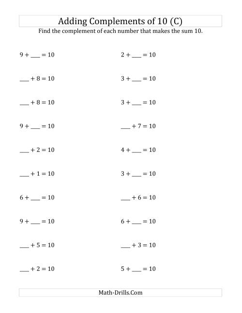The Adding Complements of 10 (C) Math Worksheet