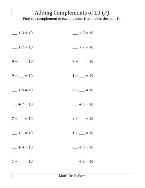 The Adding Complements of 10 (F) Math Worksheet
