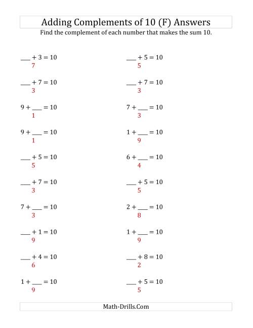 The Adding Complements of 10 (F) Math Worksheet Page 2