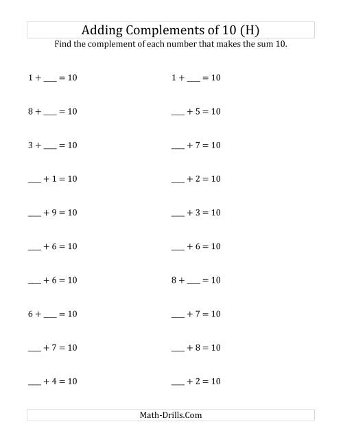 The Adding Complements of 10 (H) Math Worksheet