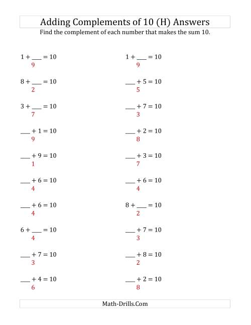 The Adding Complements of 10 (H) Math Worksheet Page 2