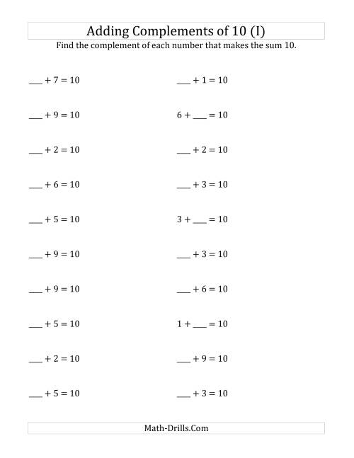 The Adding Complements of 10 (I) Math Worksheet