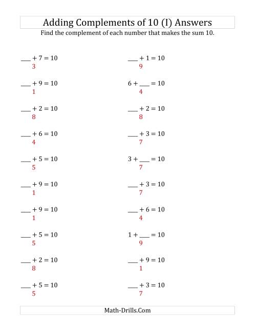 The Adding Complements of 10 (I) Math Worksheet Page 2