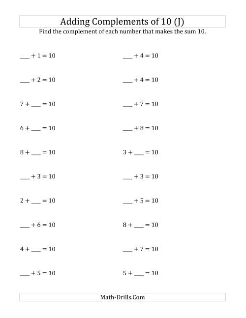 The Adding Complements of 10 (J) Math Worksheet