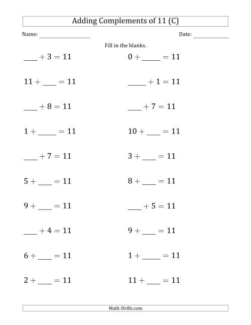 The Adding Complements of 11 (Blanks in First or Second Position Mixed) (C) Math Worksheet