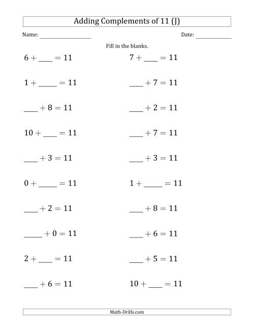 The Adding Complements of 11 (Blanks in First or Second Position Mixed) (J) Math Worksheet