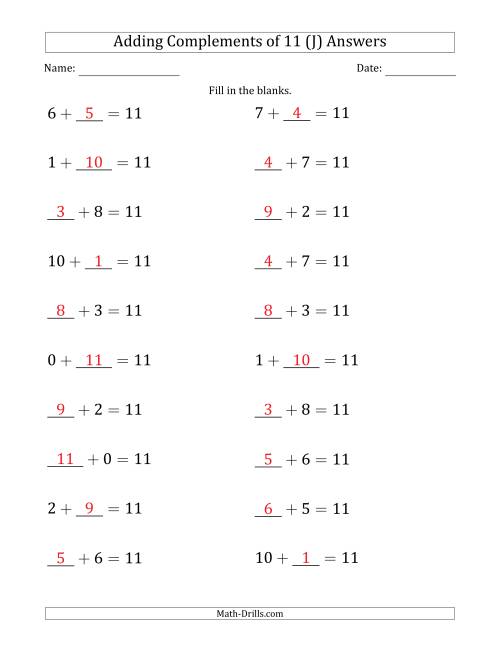 The Adding Complements of 11 (Blanks in First or Second Position Mixed) (J) Math Worksheet Page 2