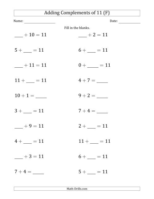 The Adding Complements of 11 (Blanks in Any Position, Including Sums) (F) Math Worksheet