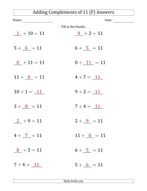 The Adding Complements of 11 (Blanks in Any Position, Including Sums) (F) Math Worksheet Page 2