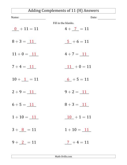 The Adding Complements of 11 (Blanks in Any Position, Including Sums) (H) Math Worksheet Page 2
