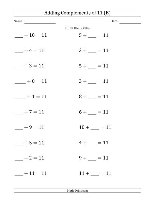 The Adding Complements of 11 (Blanks in First Then Second Position) (B) Math Worksheet