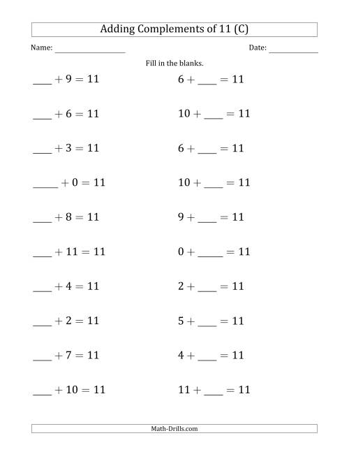 The Adding Complements of 11 (Blanks in First Then Second Position) (C) Math Worksheet