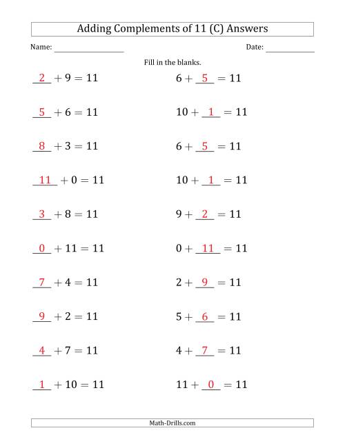 The Adding Complements of 11 (Blanks in First Then Second Position) (C) Math Worksheet Page 2